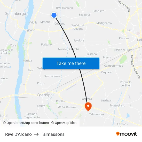 Rive D'Arcano to Talmassons map