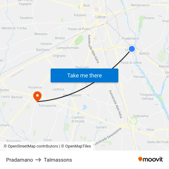 Pradamano to Talmassons map