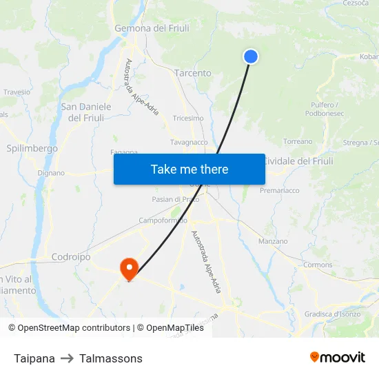 Taipana to Talmassons map