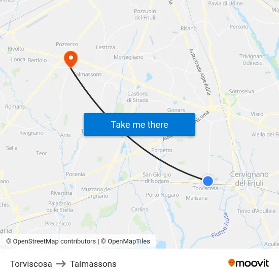 Torviscosa to Talmassons map