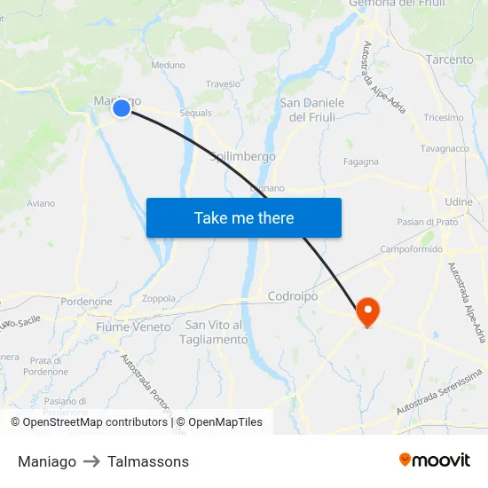 Maniago to Talmassons map