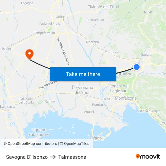 Savogna D' Isonzo to Talmassons map