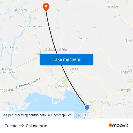 Trieste to Chiusaforte map