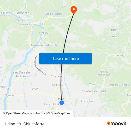 Udine to Chiusaforte map