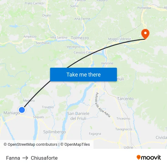Fanna to Chiusaforte map