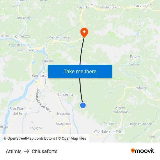 Attimis to Chiusaforte map