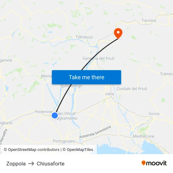 Zoppola to Chiusaforte map