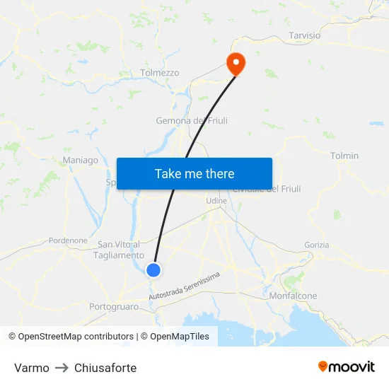 Varmo to Chiusaforte map