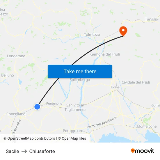 Sacile to Chiusaforte map