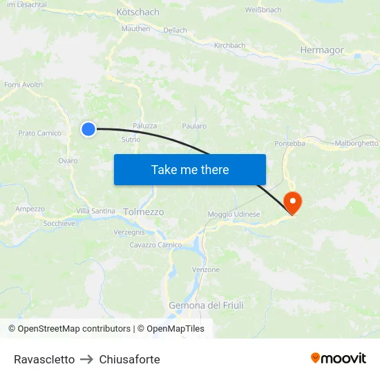 Ravascletto to Chiusaforte map