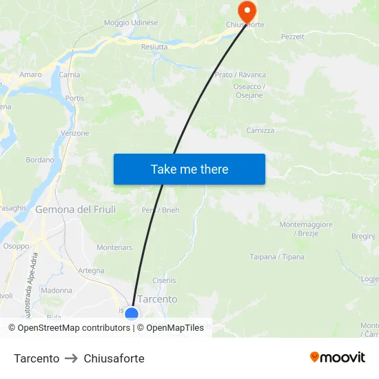 Tarcento to Chiusaforte map