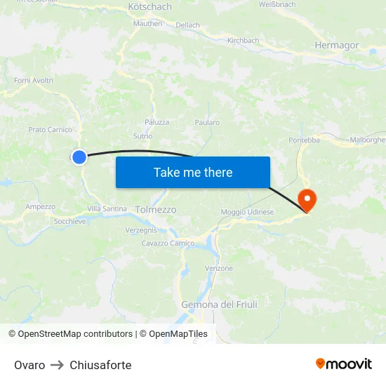 Ovaro to Chiusaforte map