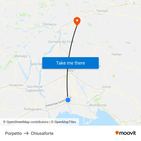 Porpetto to Chiusaforte map
