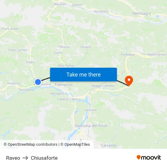 Raveo to Chiusaforte map