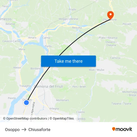 Osoppo to Chiusaforte map