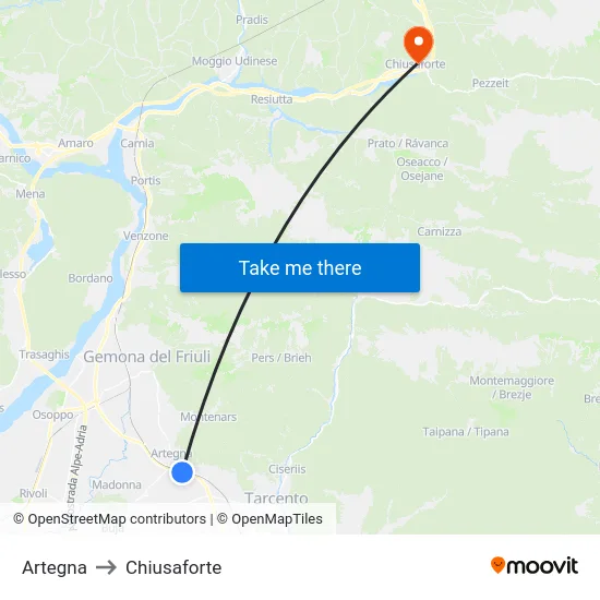 Artegna to Chiusaforte map