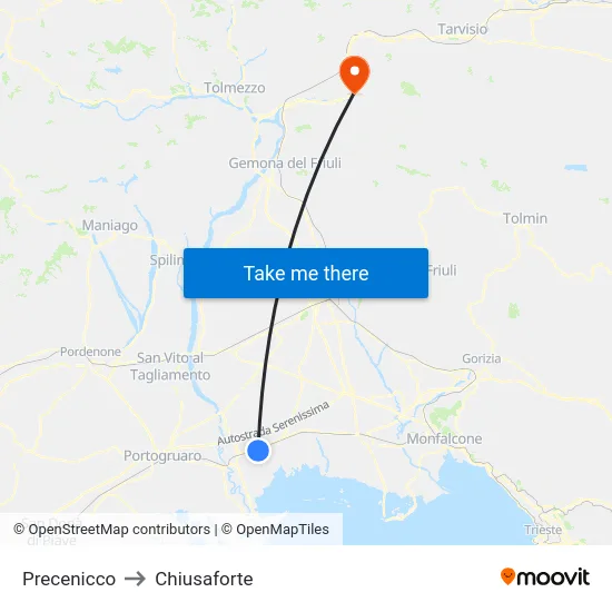 Precenicco to Chiusaforte map