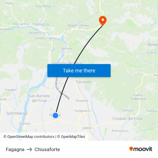 Fagagna to Chiusaforte map
