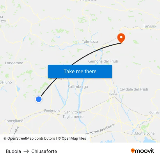 Budoia to Chiusaforte map