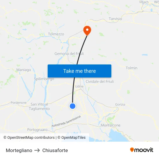 Mortegliano to Chiusaforte map
