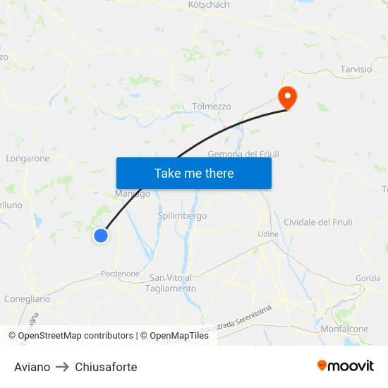 Aviano to Chiusaforte map