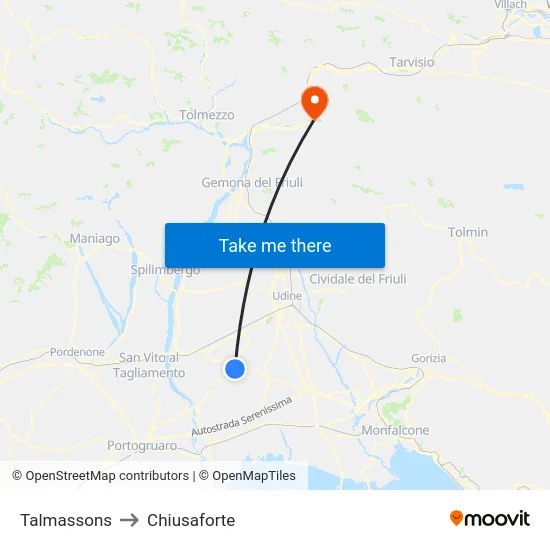 Talmassons to Chiusaforte map