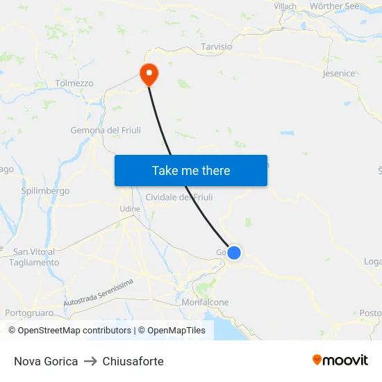 Nova Gorica to Chiusaforte map