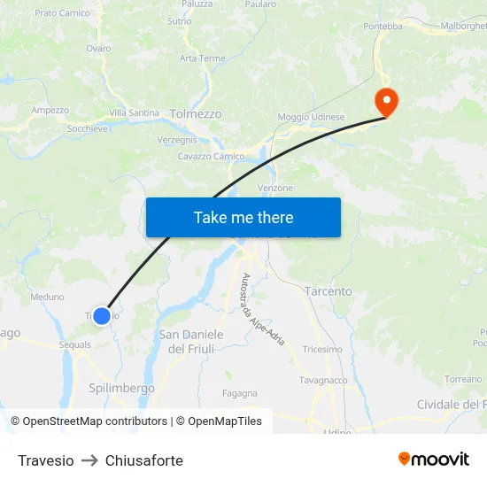 Travesio to Chiusaforte map