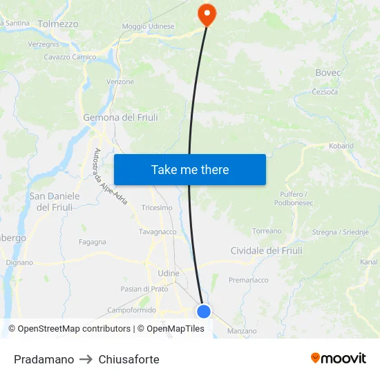 Pradamano to Chiusaforte map