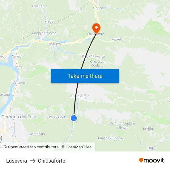 Lusevera to Chiusaforte map