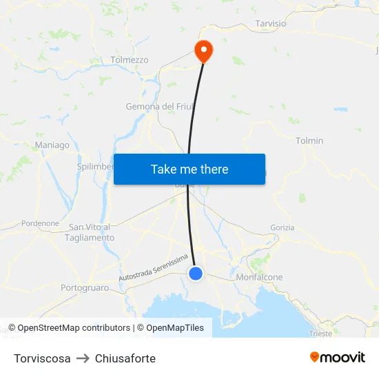 Torviscosa to Chiusaforte map