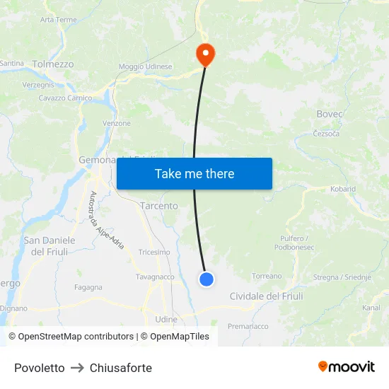 Povoletto to Chiusaforte map