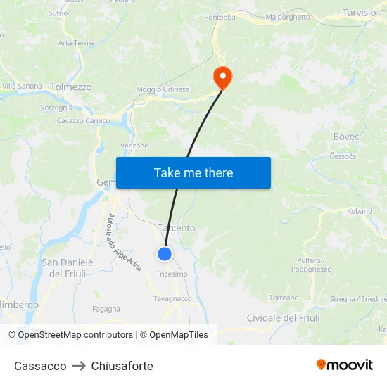 Cassacco to Chiusaforte map