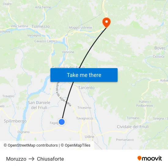 Moruzzo to Chiusaforte map