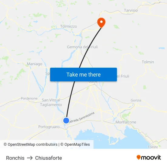 Ronchis to Chiusaforte map