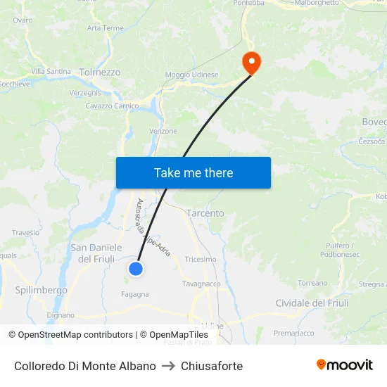 Colloredo Di Monte Albano to Chiusaforte map