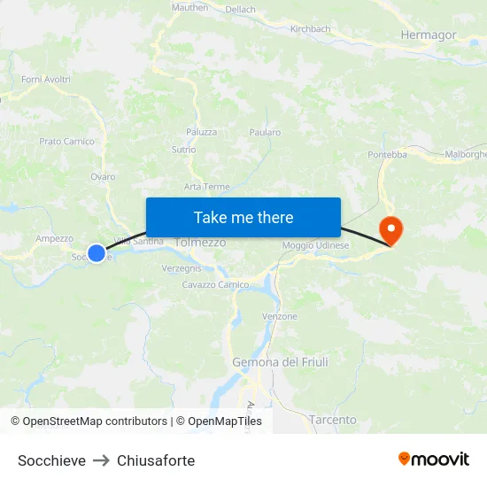 Socchieve to Chiusaforte map