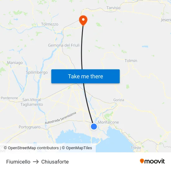 Fiumicello to Chiusaforte map