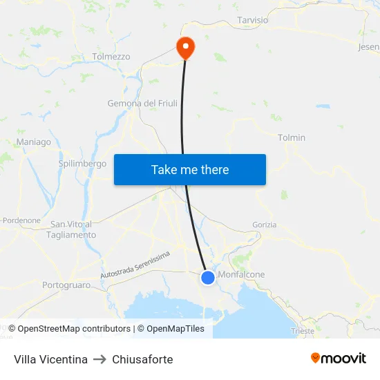 Villa Vicentina to Chiusaforte map