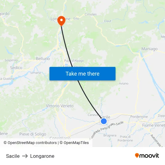 Sacile to Longarone map