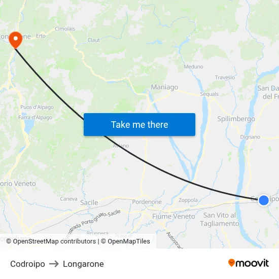 Codroipo to Longarone map