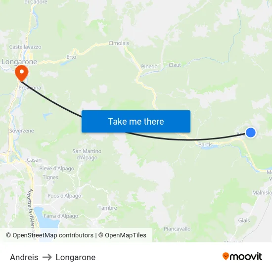 Andreis to Longarone map