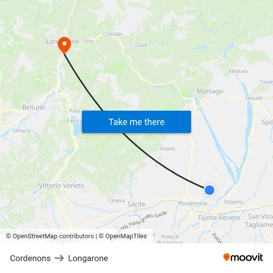 Cordenons to Longarone map