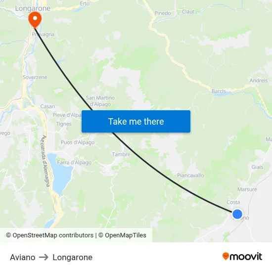 Aviano to Longarone map