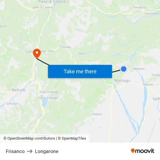 Frisanco to Longarone map