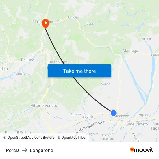 Porcia to Longarone map