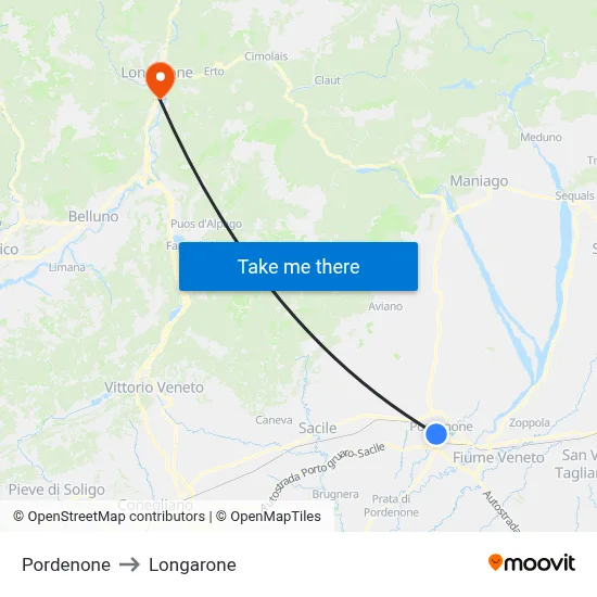 Pordenone to Longarone map