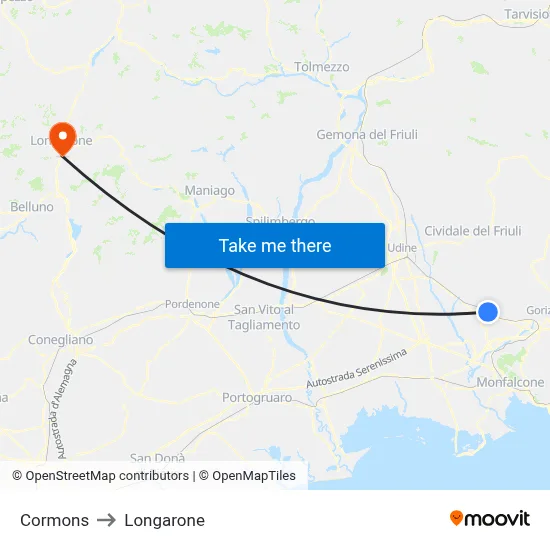 Cormons to Longarone map