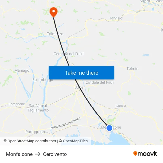 Monfalcone to Cercivento map
