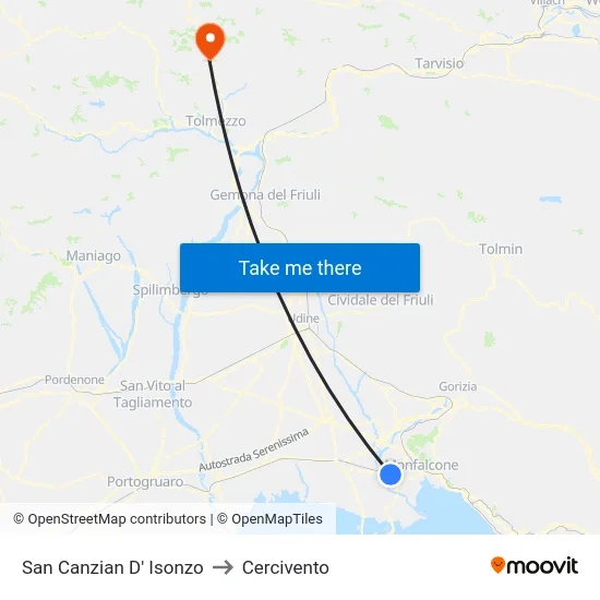 San Canzian D' Isonzo to Cercivento map